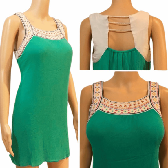 Flying Tomato Green Mini Sundress Boho Open Back Pattern Straps Sz 4 - Picture 7 of 10